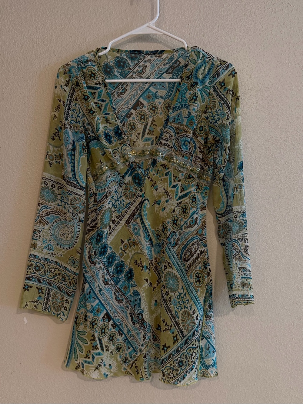 Paisley V-Neck Long Sleeve Dress in Green and Teal